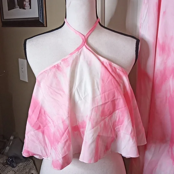 Shein Pink/ White Tie Dye Summer Cruise Outfit Strapless Top & Pants Sz. XL - Picture 2 of 6